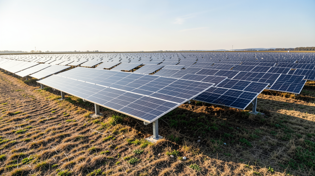 prix metre carre panneaux photovoltaique montrant un champ de panneaux solaires sous une lumière naturelle éclatante