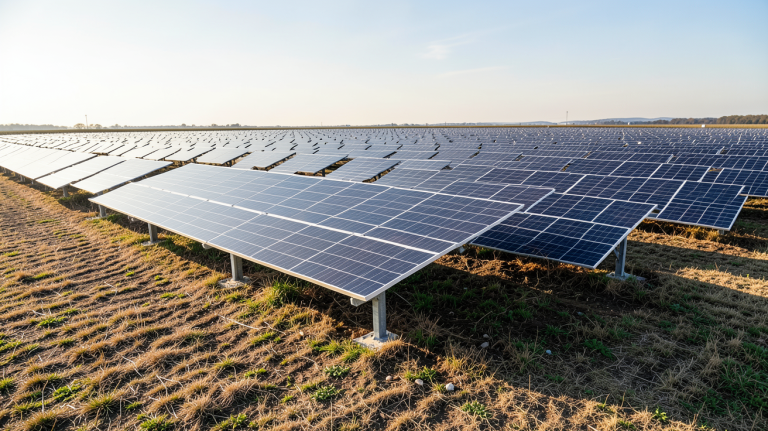 prix metre carre panneaux photovoltaique montrant un champ de panneaux solaires sous une lumière naturelle éclatante