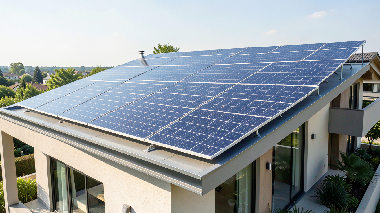 prix metre carre panneaux photovoltaique installés sur le toit d'une maison moderne.