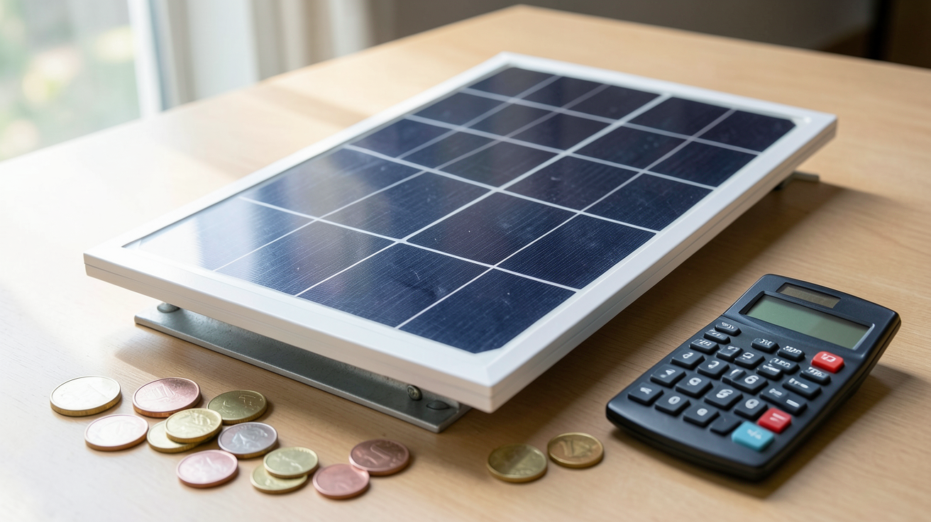 prix module photovoltaique montrant un panneau solaire avec des pièces de euro et une calculatrice