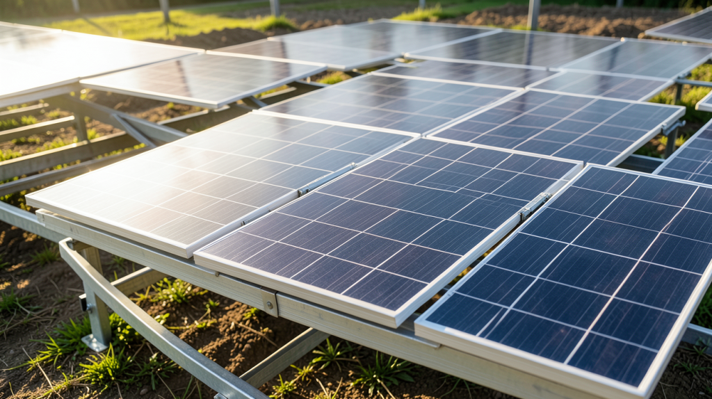 prix modules photovoltaiques alignés sur une structure de montage, éclairés par la lumière naturelle du jour