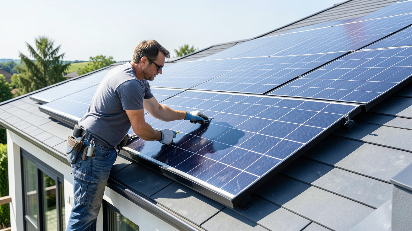 prix moyen d une installation de panneaux solaire illustré par un technicien travaillant sur une toiture