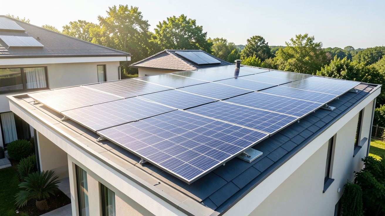 prix moyen d une installation de panneaux solaire sur le toit d'une maison moderne sous le soleil