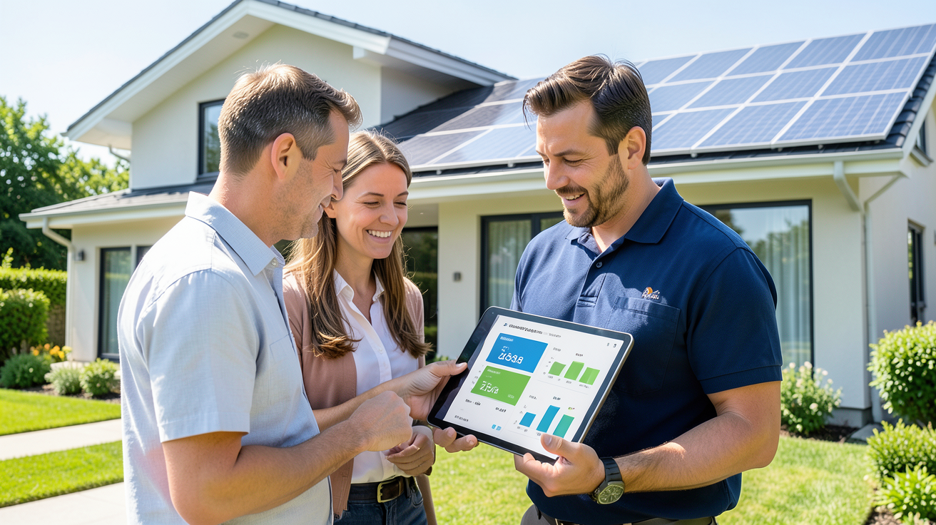 prix moyen d une installation de panneaux solaire illustré par une discussion entre un expert et des clients devant une maison équipée