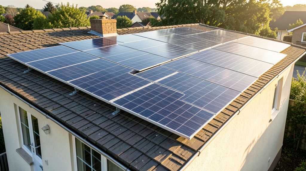 prix moyen installation panneau photovoltaique panneaux photovoltaïques installés sur le toit d’une maison, lumière du matin, haute résolution, rendu professionnel