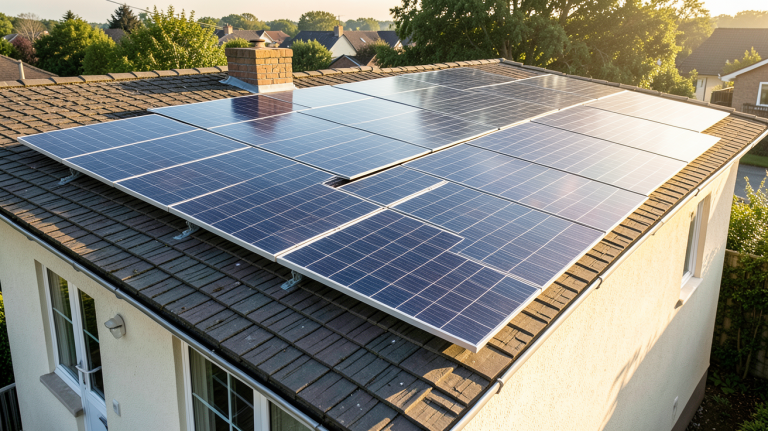 prix moyen installation panneau photovoltaique panneaux photovoltaïques installés sur le toit d’une maison, lumière du matin, haute résolution, rendu professionnel