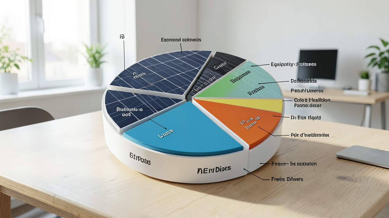 prix moyen installation panneau solaire : répartition détaillée des coûts en camembert avec segments équipements, pose et frais divers