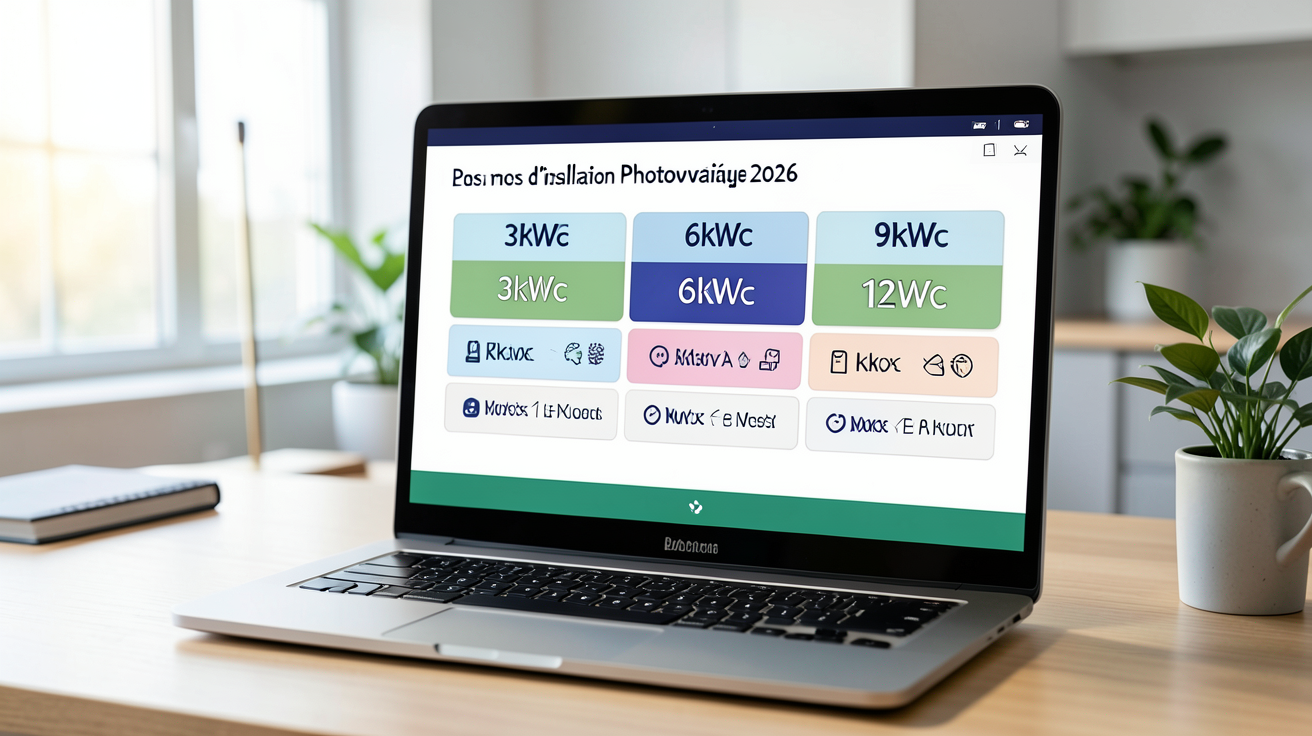 prix moyen installation photovoltaïque comparaison des coûts 2026 pour 3kWc, 6kWc, 9kWc et 12kWc affichée sur un écran d'ordinateur