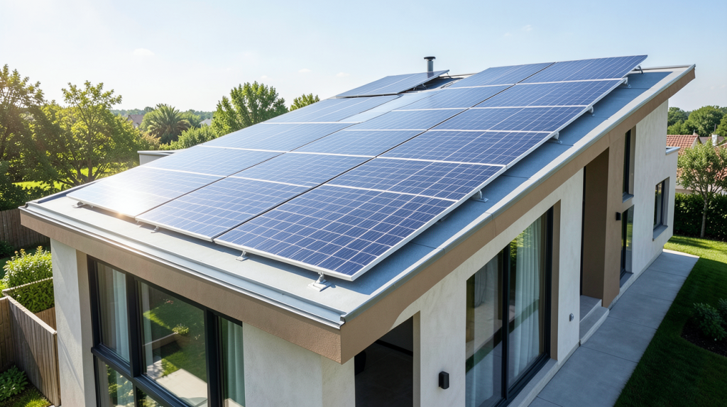 prix moyen m2 panneau photovoltaique installé sur une toiture résidentielle moderne sous un ciel clair