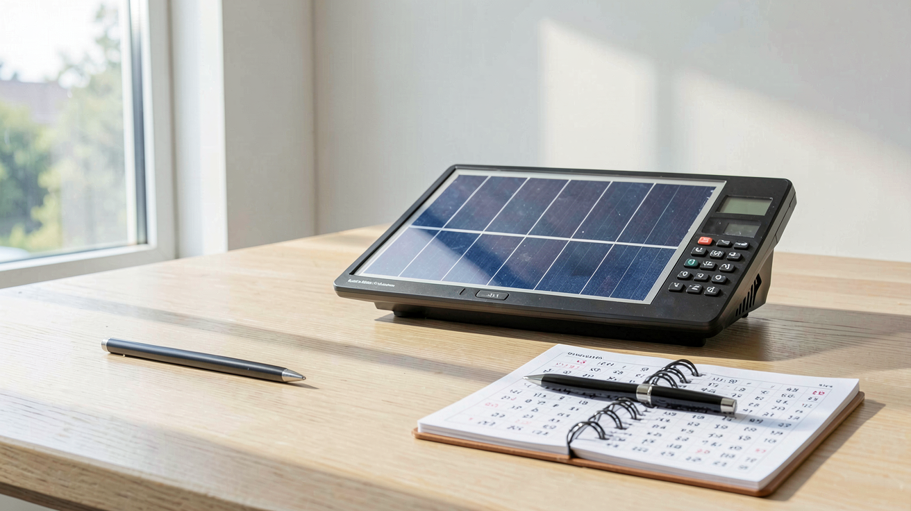 prix moyen panneau photovoltaique calculateur de puissance solaire posé sur une table en bois