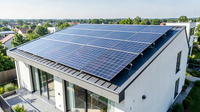 prix moyen panneau photovoltaique montrant des panneaux solaires modernes installés sur un toit résidentiel dans une prise de vue réaliste.