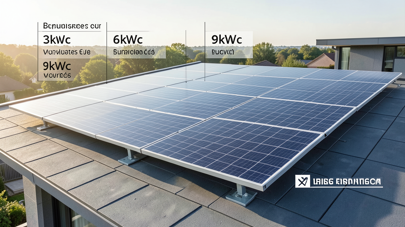 prix moyen d'un panneau solaire en 2025 : fourchettes par puissance (3kWc, 6kWc, 9kWc) affichées sur une installation photovoltaïque