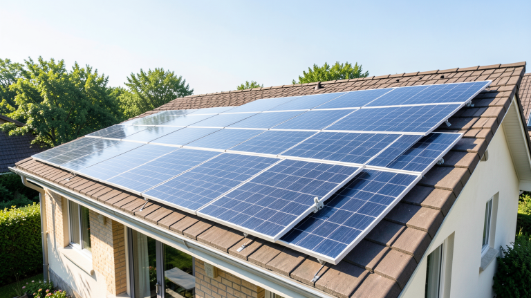 prix moyen panneau solaire installé sur le toit d’une maison moderne, capturé en plein jour avec un ciel dégagé et des détails nets