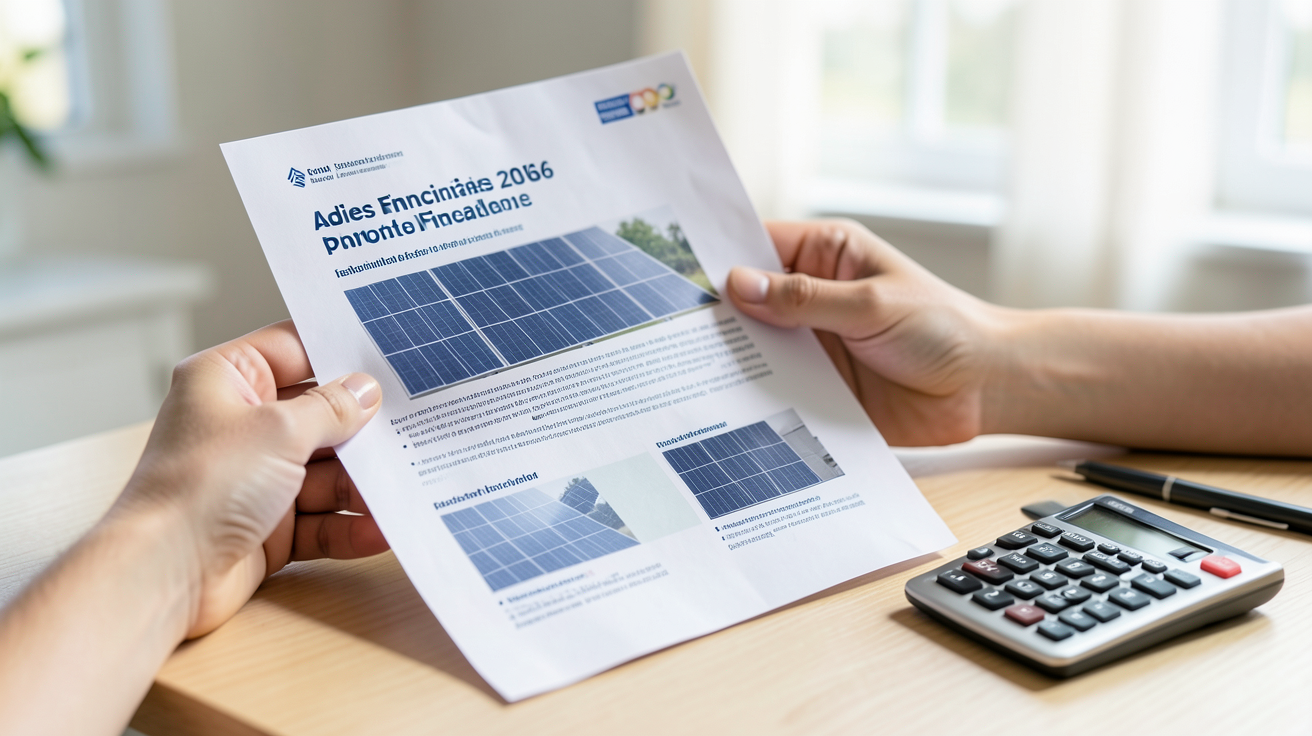prix moyen panneaux photovoltaïque aides financières 2026 document officiel sur table avec calculatrice