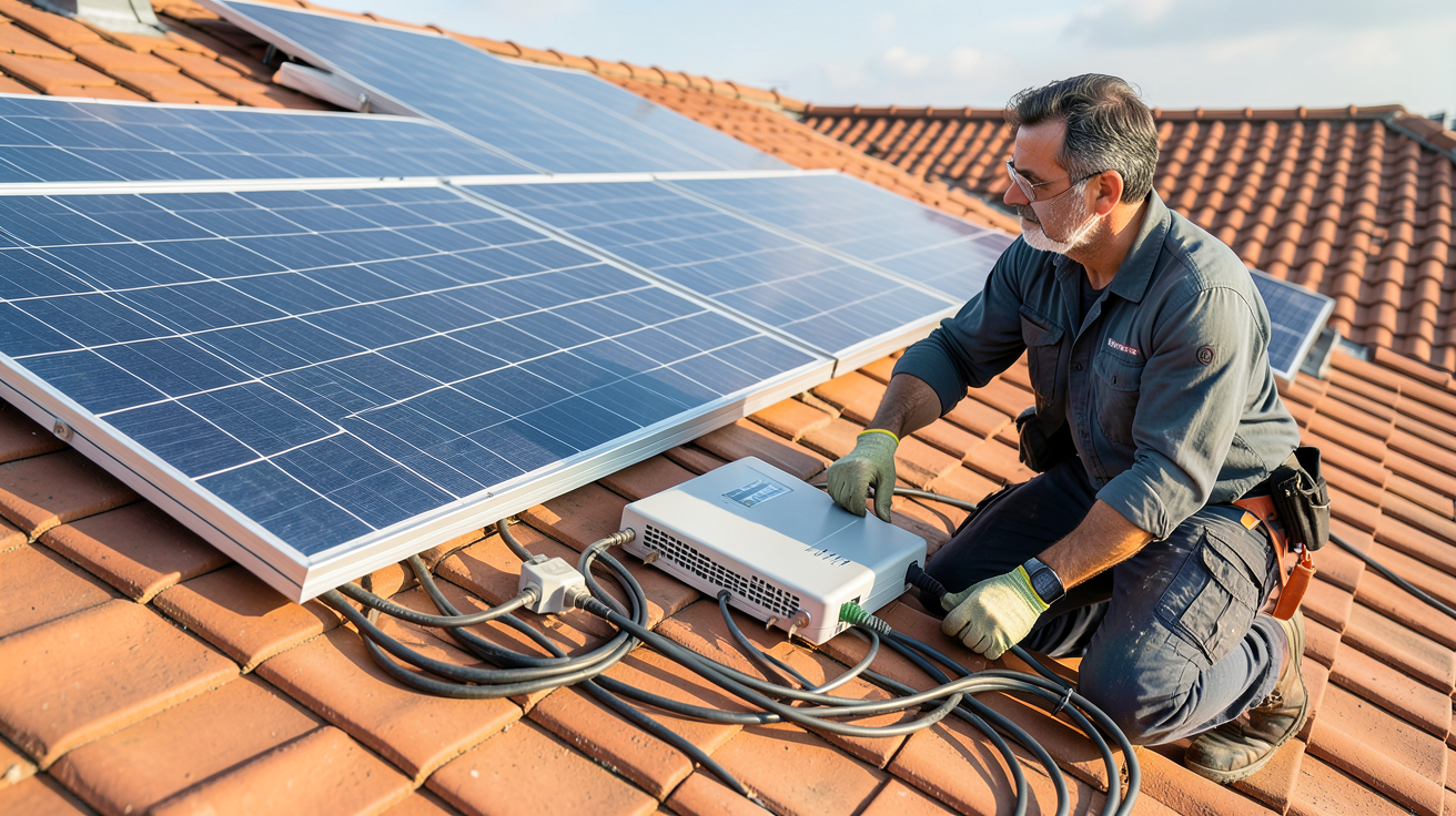 prix moyen panneaux solaires photovoltaïques : installateur vérifiant les composants d'une installation solaire sur un toit résidentiel