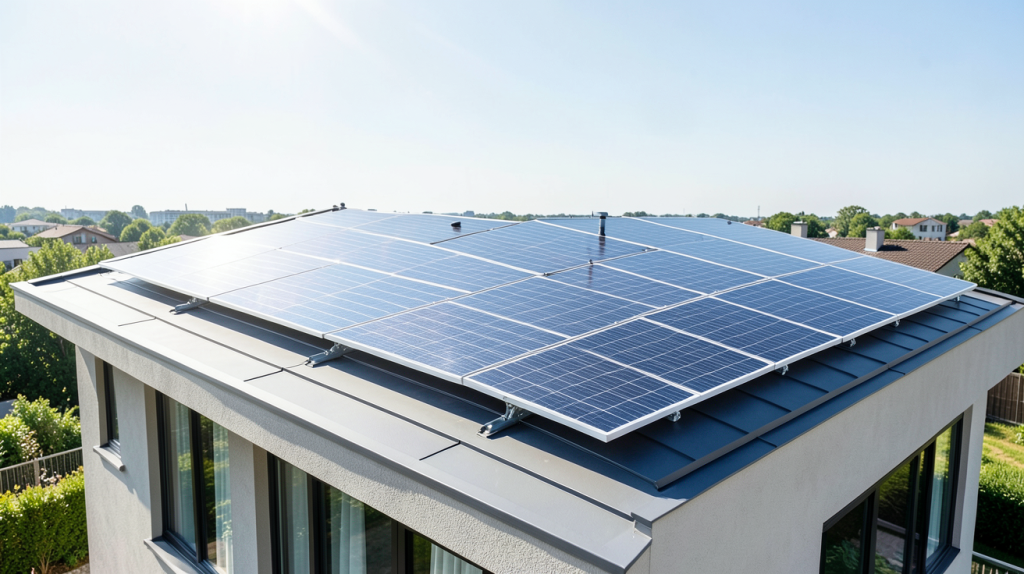 prix moyen photovoltaique illustré par des panneaux solaires sur un toit de maison moderne