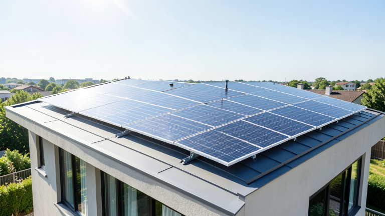 prix moyen photovoltaique illustré par des panneaux solaires sur un toit de maison moderne