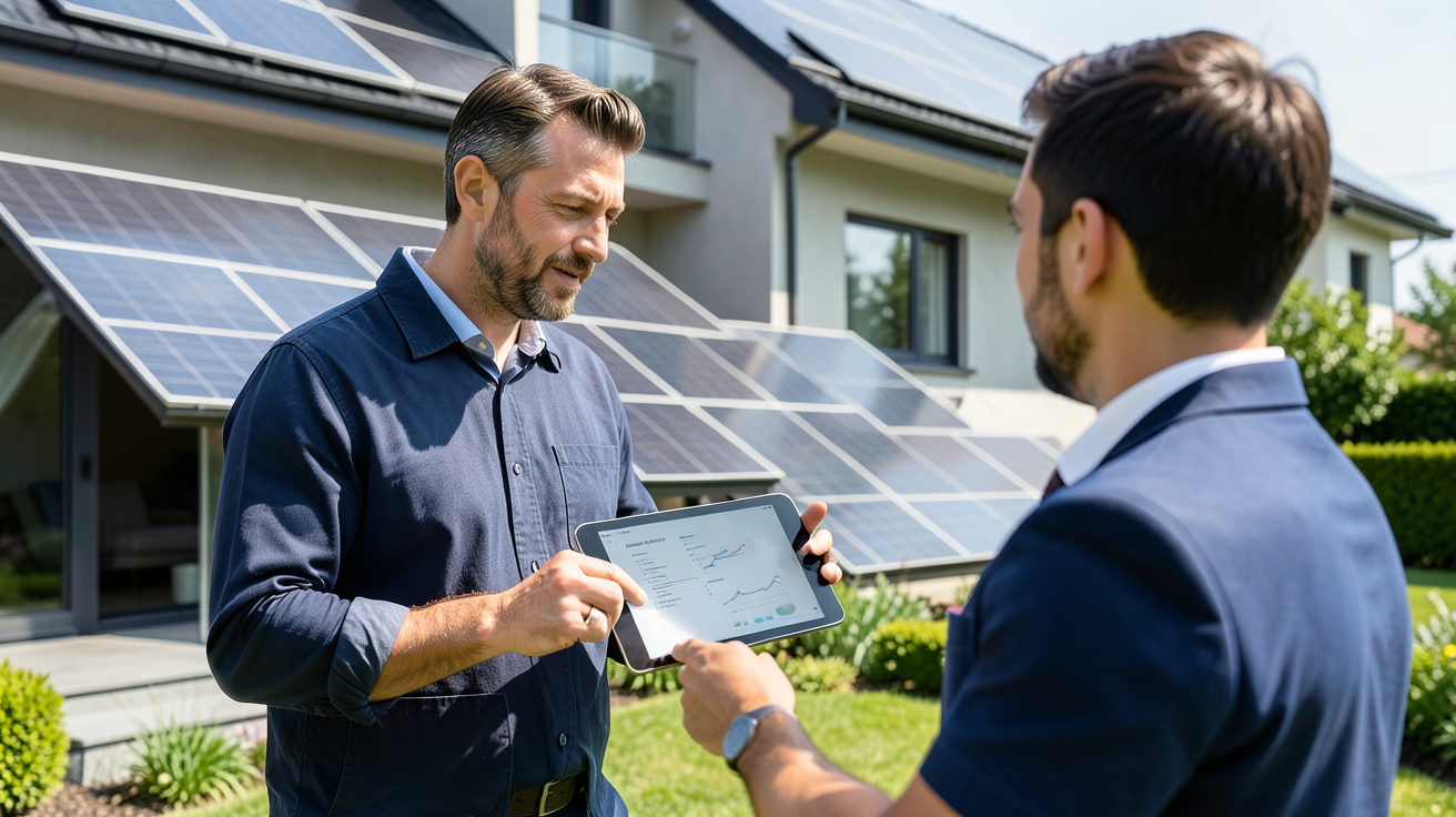 prix moyen pose panneaux photovoltaïques avec un expert présentant un devis à un propriétaire