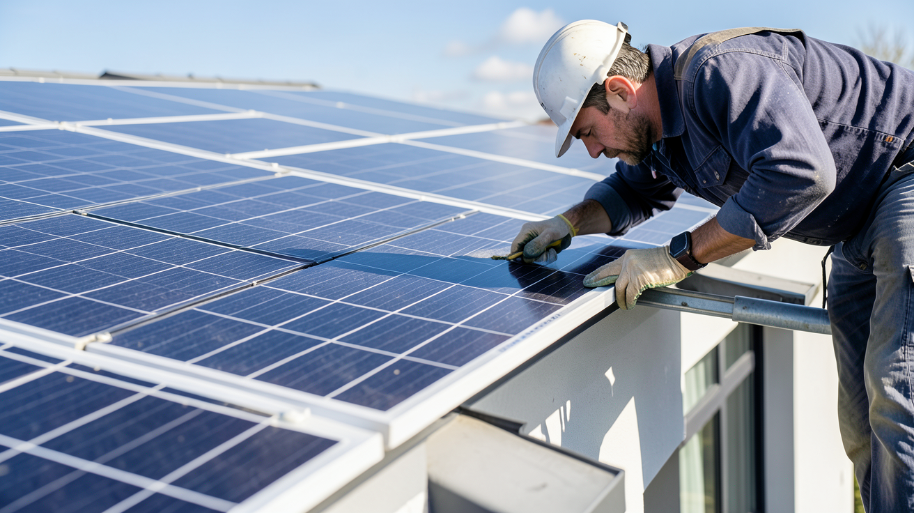 prix moyen pose panneaux photovoltaïques illustré par un technicien installant des modules solaires sur une toiture