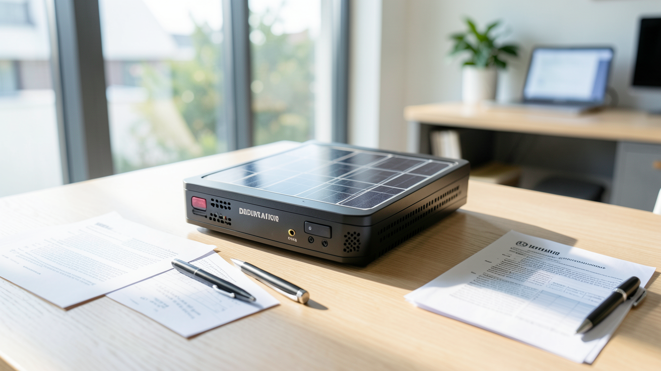 prix onduleur panneau photovoltaïque avec documents officiels et stylo sur une table en bois