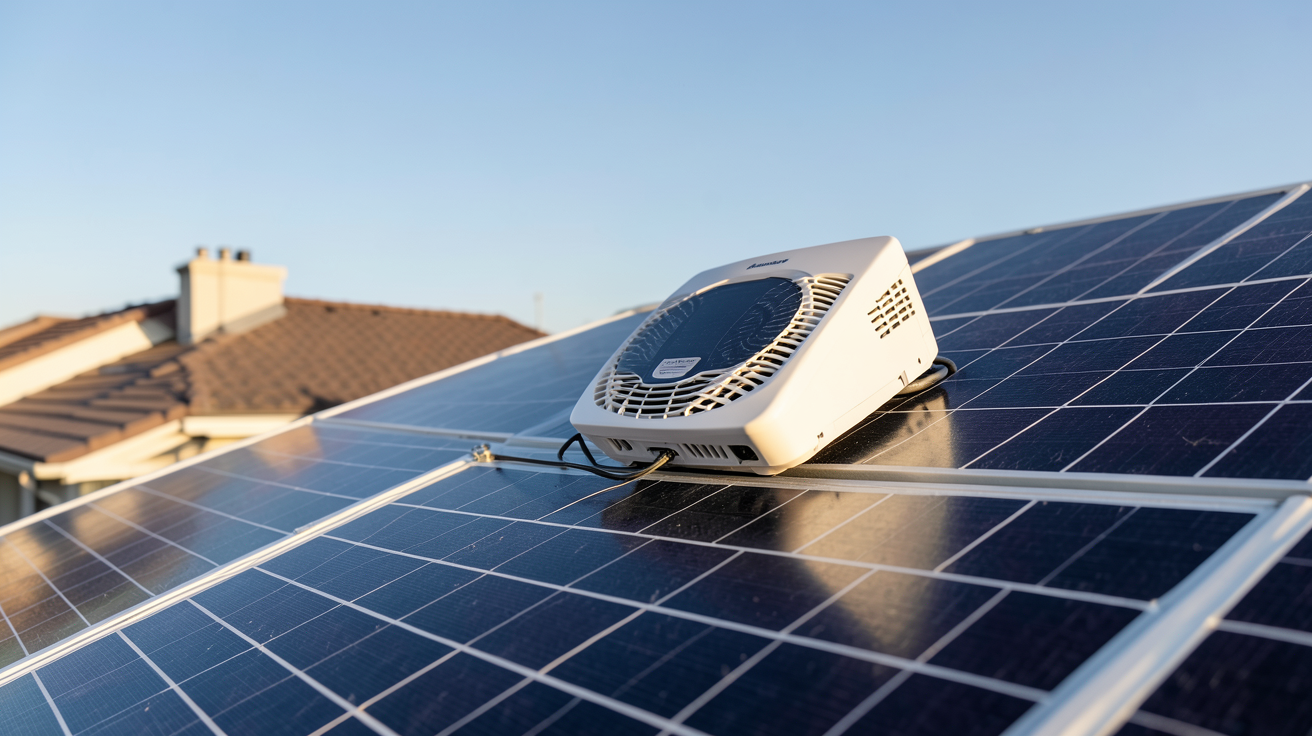 micro-onduleur solaire fixé sur un panneau photovoltaïque, illustrant les prix par panneau et la durabilité des marques
