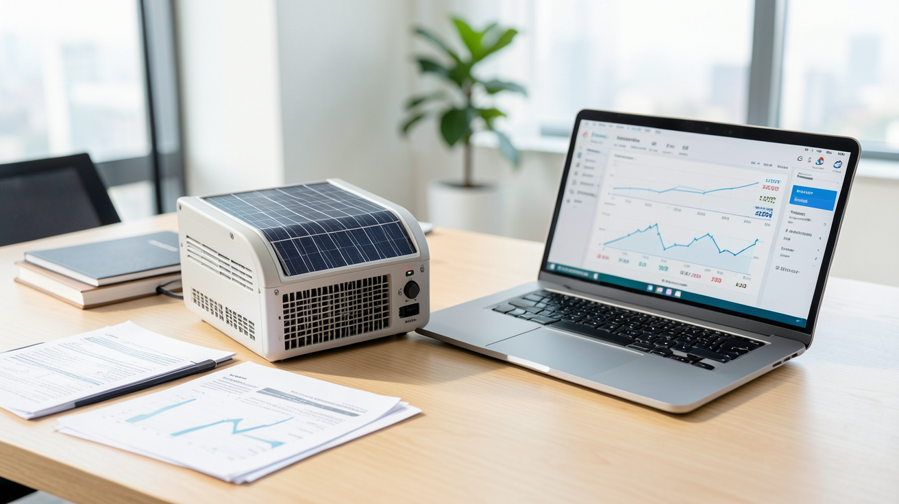 prix onduleur photovoltaïque 3kw avec documents financiers et ordinateur portable affichant des graphiques de coût