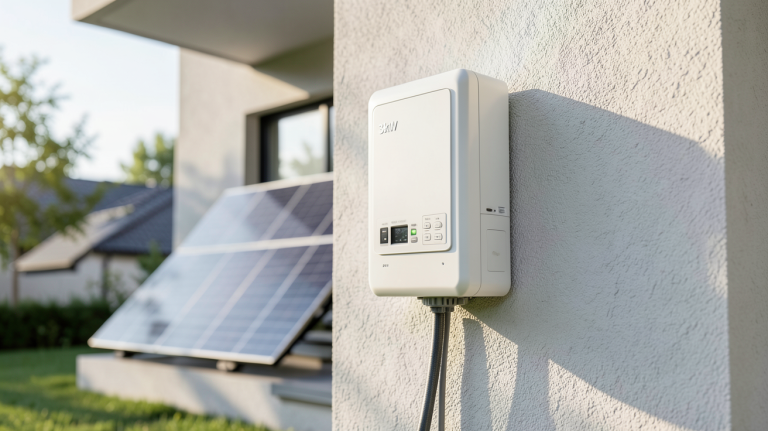 prix onduleur photovoltaïque 3kW installé sur un mur extérieur d'une maison moderne