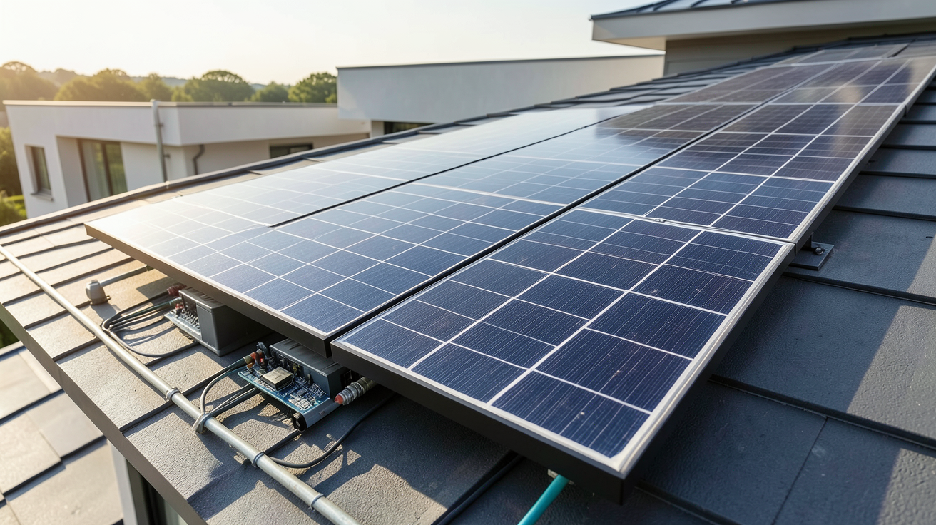prix d un panneau photovoltaïque affiché sur un écran numérique à côté d'un panneau solaire installé sur un toit