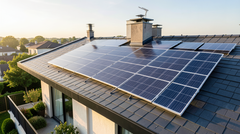 prix d un panneau photovoltaique 300w installé sur le toit d'une maison moderne