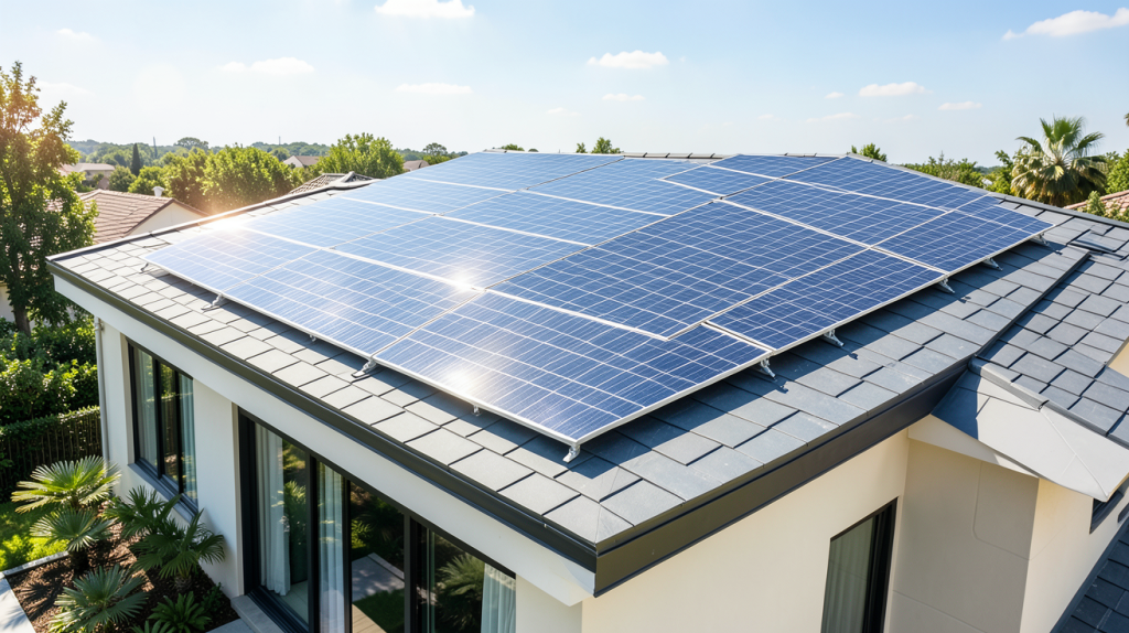 prix panneau photovoltaique autoconsommation illustré par une installation de panneaux solaires sur le toit d'une maison résidentielle.