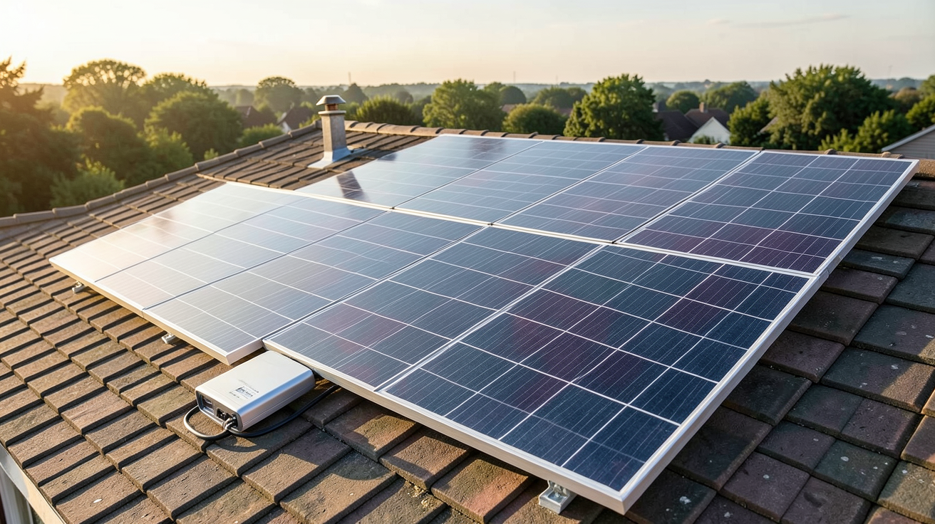 prix panneau photovoltaique autoconsommation : kit solaire en autoconsommation installé sur un toit de maison avec panneaux photovoltaïques et onduleur