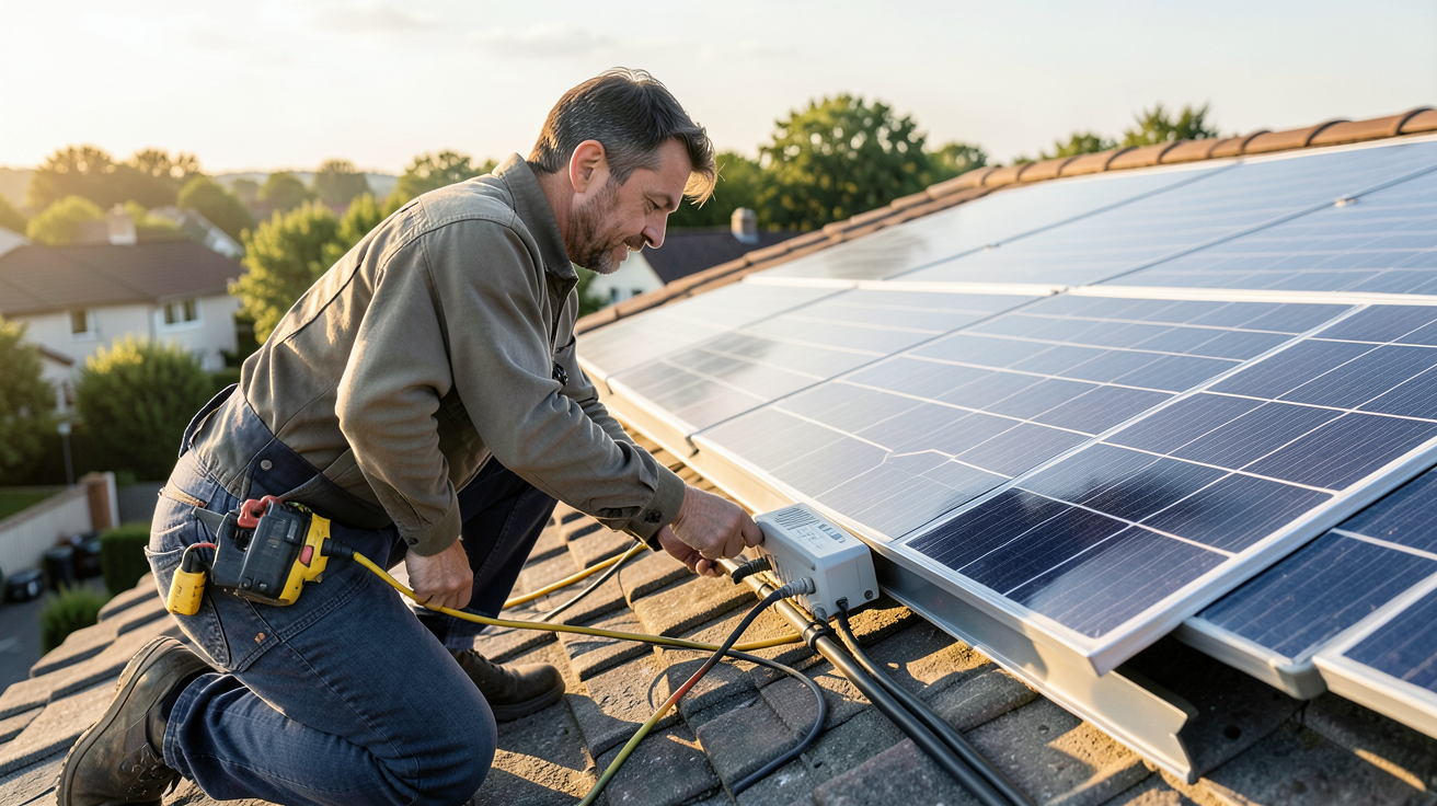 prix panneau photovoltaïque avec micro onduleur : technicien installant un kit plug-and-play sur un toit résidentiel