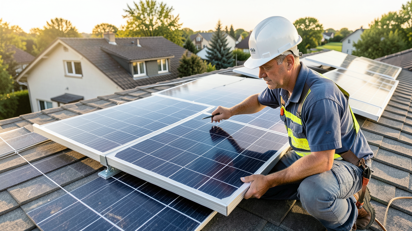 prix panneau photovoltaïque analysé par un professionnel sur un toit résidentiel