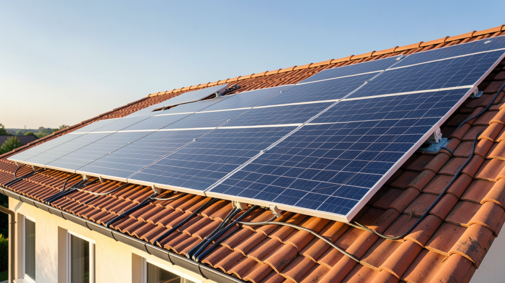 prix panneau photovoltaique pour maison 100m2 : installation de panneaux solaires sur le toit d'une maison de 100 mètres carrés