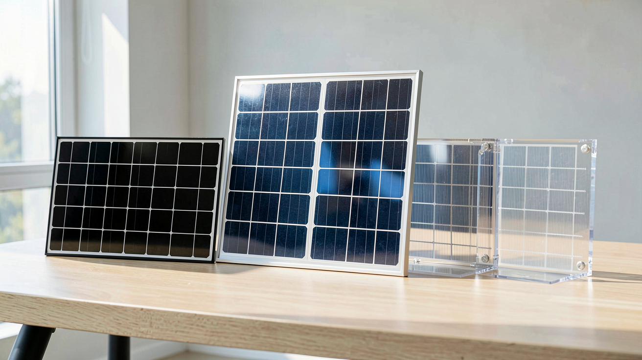 prix panneau photovoltaïque monocristallin : comparatif de trois types de panneaux solaires (monocristallin, polycristallin et bifacial) posés sur une table en bois