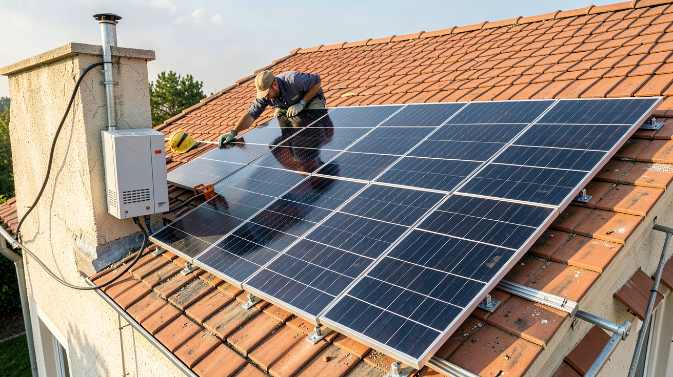 prix panneau photovoltaique monocristallin installation complète avec panneaux, onduleur et technicien en train de monter le système sur un toit