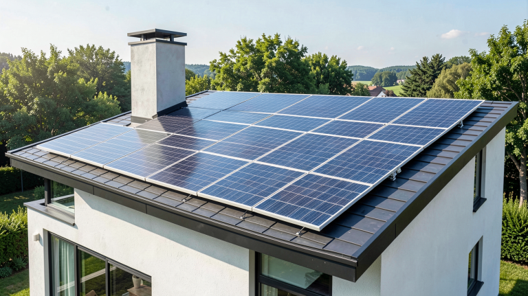 prix panneau photovoltaique monocristallin montrant des panneaux solaires monocristallins installés sur un toit résidentiel moderne