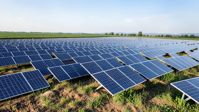 prix panneau solaire 2022 vue aérienne d'un champ de panneaux solaires sous un ciel bleu et un éclairage naturel