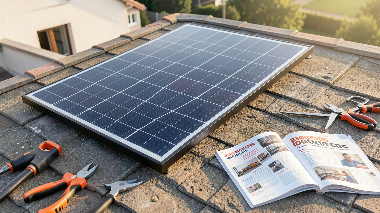 prix panneau solaire 350W affiché sur un panneau posé sur un toit avec des outils et un catalogue d'enseignes