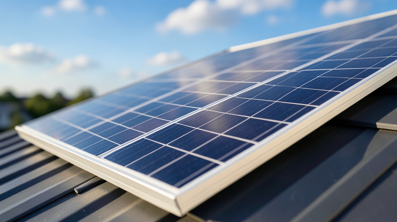prix panneau solaire 350w panneau solaire monocristallin de 350W posé sur un toit incliné avec ciel bleu en arrière-plan