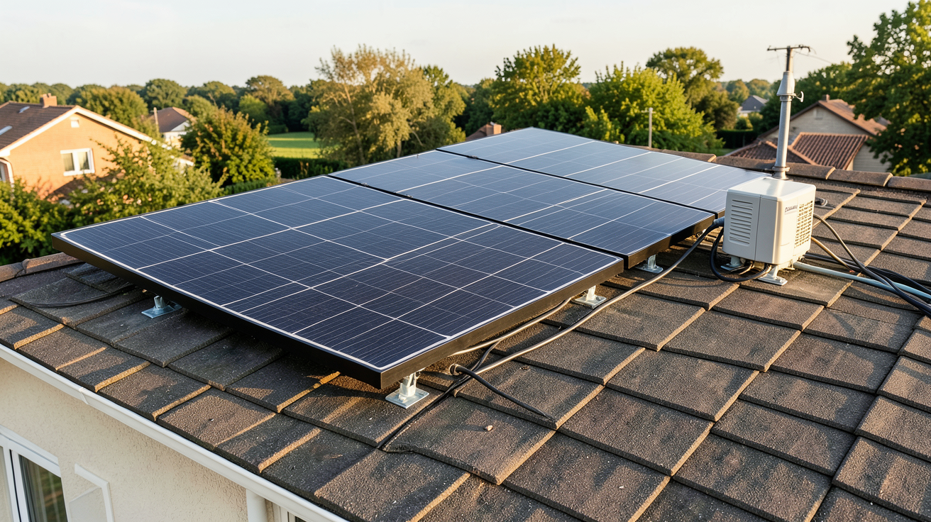 prix d un panneau solaire de 400w : kit solaire 400W installé sur un toit de maison individuelle avec onduleur et supports de fixation