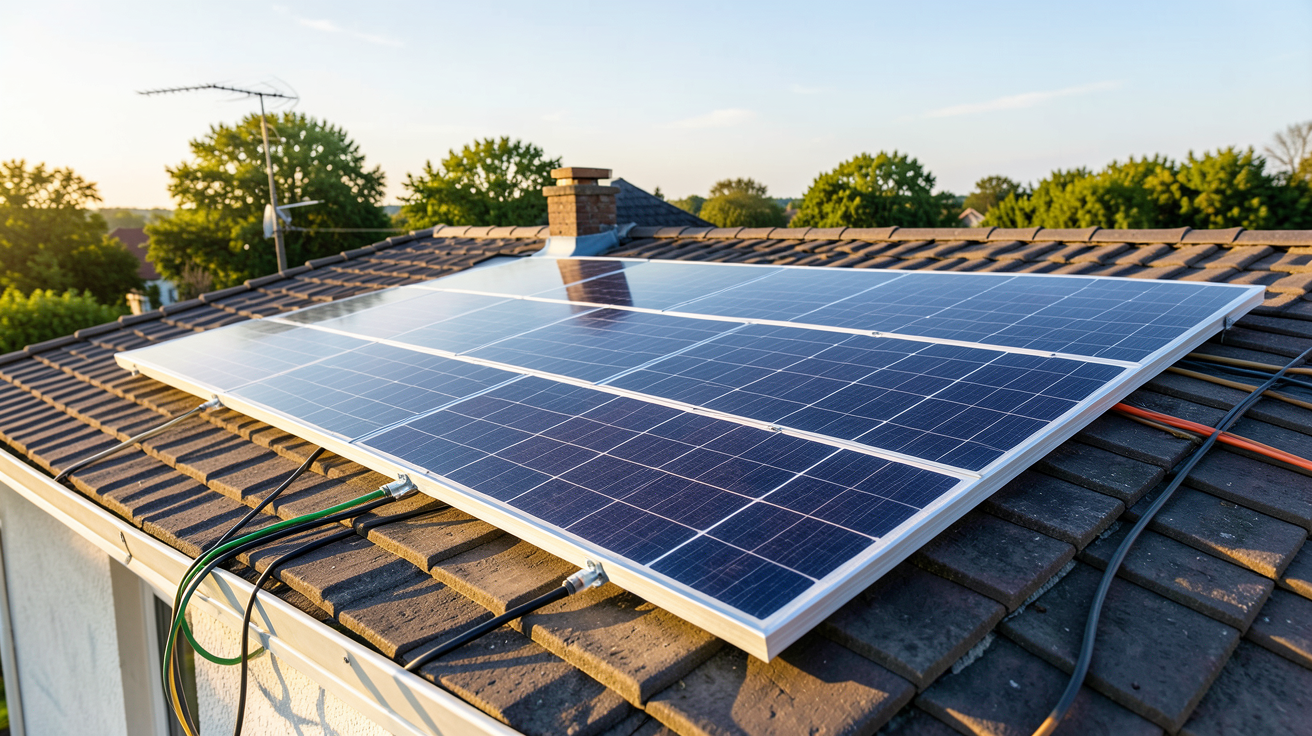 prix panneau solaire EDF ENR kit Mon Soleil et Moi sur toit de maison avec panneaux étalés et câbles visibles