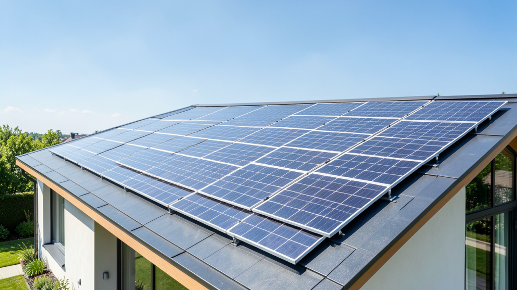 prix panneau solaire edf illustré par une installation de panneaux photovoltaïques sur un toit résidentiel