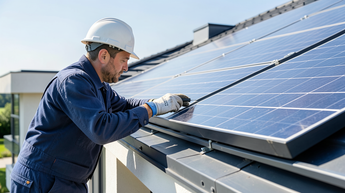 prix panneau solaire ikea illustré par un technicien effectuant l'installation sur un toit résidentiel