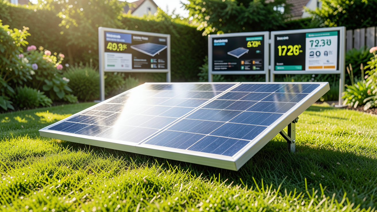 prix panneau solaire jardin affichés sur des étiquettes dans un jardin résidentiel avec un panneau photovoltaïque installé