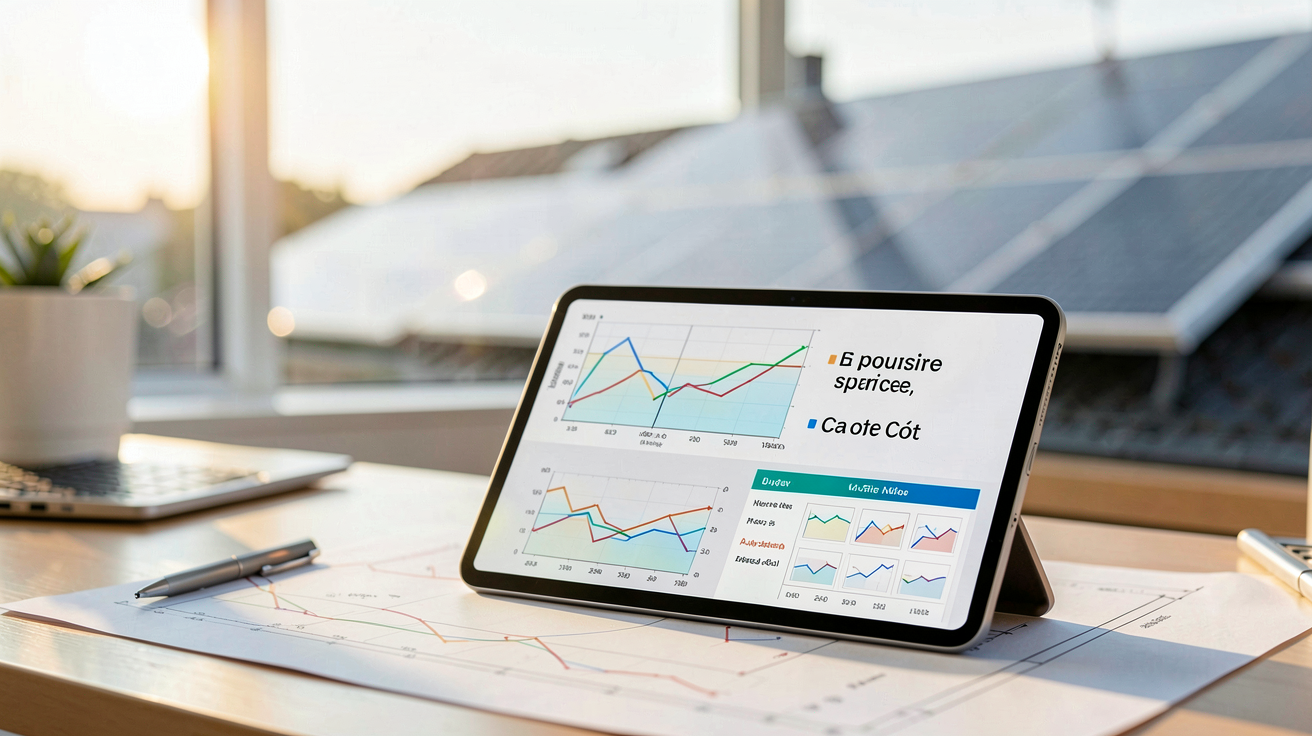 prix panneau solaire m2 représenté par des calculs de surface et de budget sur une tablette numérique