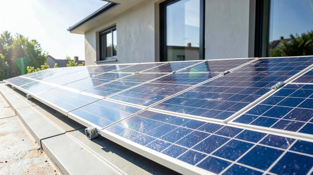prix panneau solaire m2 illustré par une installation de panneaux photovoltaïques sur un toit moderne.