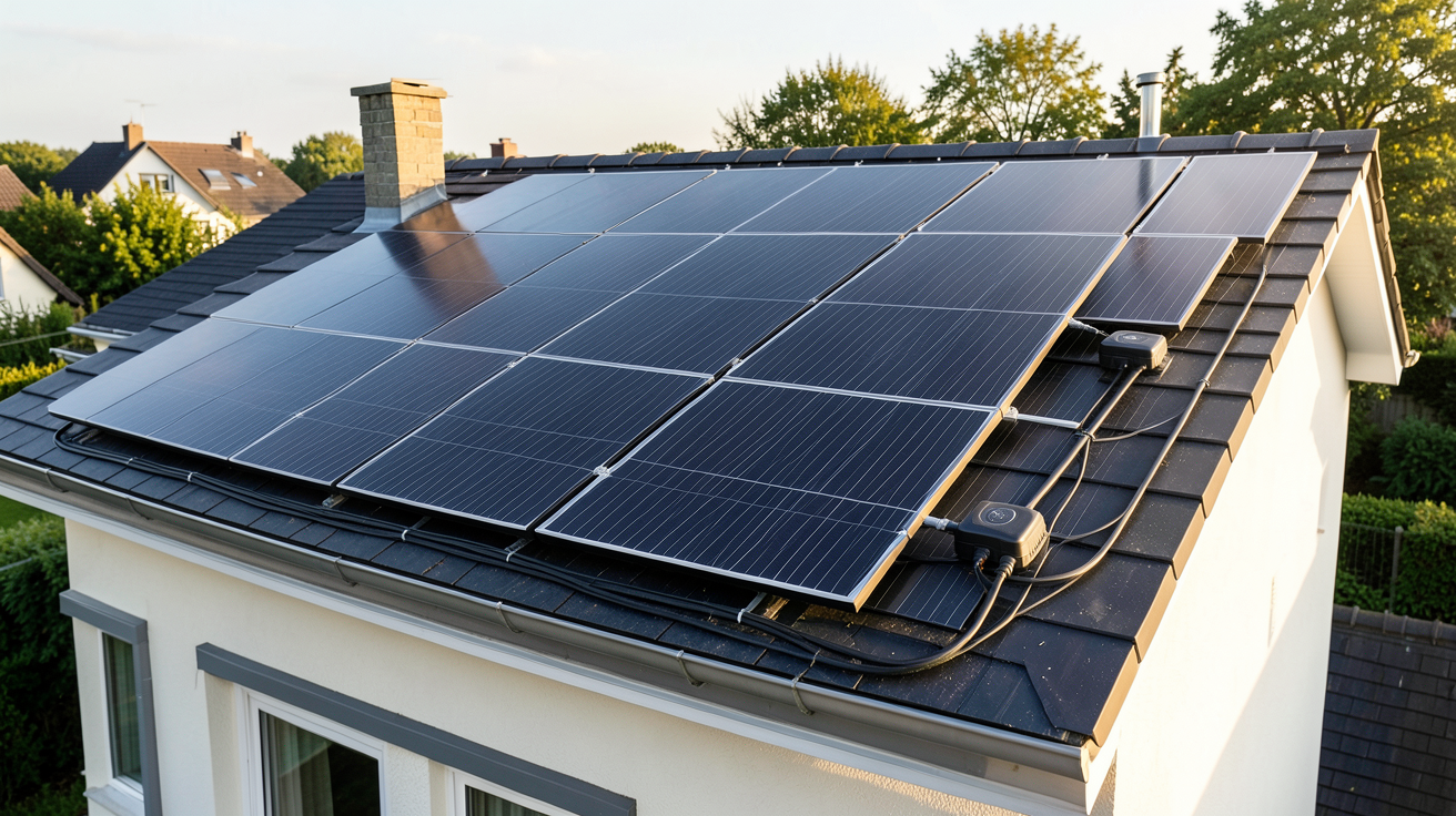 prix panneau solaire pour maison 80m2 : toit équipé de panneaux photovoltaïques noirs sur une maison individuelle