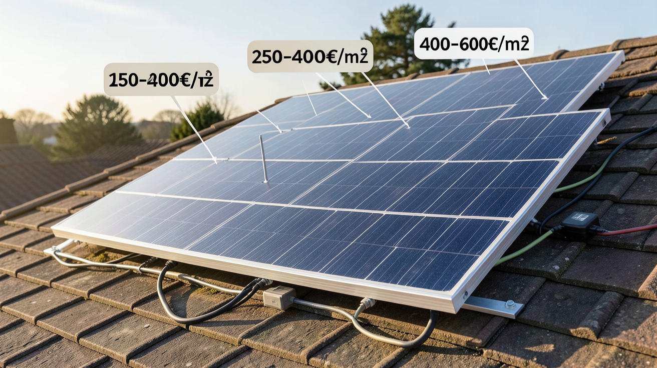 prix panneau solaire photovoltaïque m2 fourchettes 2026 affichées sur un toit résidentiel avec panneau installé