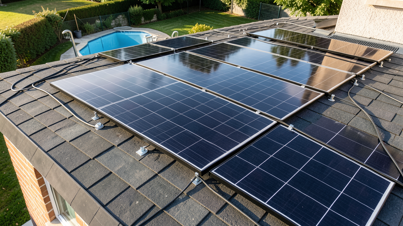prix panneau solaire pour pompe piscine installation des panneaux solaires sur un toit avec une pompe de piscine en arrière-plan
